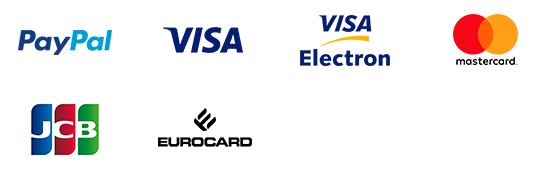 Visa, Visa Electron, Mastercard, JCB, Eurocard, PayPal