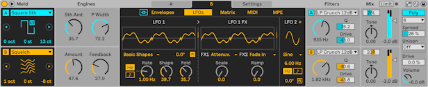 Use Meld’s oscillator presets, Engines and twin LFOs