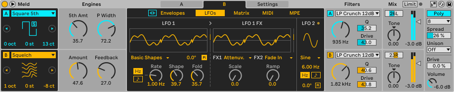 Ableton Live Suite 12.3.5 11 Use Meld’s oscillator presets, Engines and twin LFOs