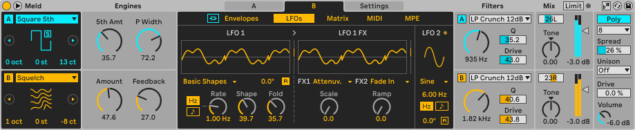 Use Meld’s oscillator presets, Engines and twin LFOs