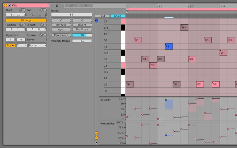 A MIDI clip showing the option to randomize the probability a note will play