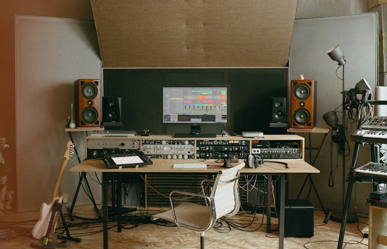 A musician’s studio setup with various hardware. On the desk is a computer monitor displaying Live 12 and next to the keyboard and mouse is a Push Standalone.
